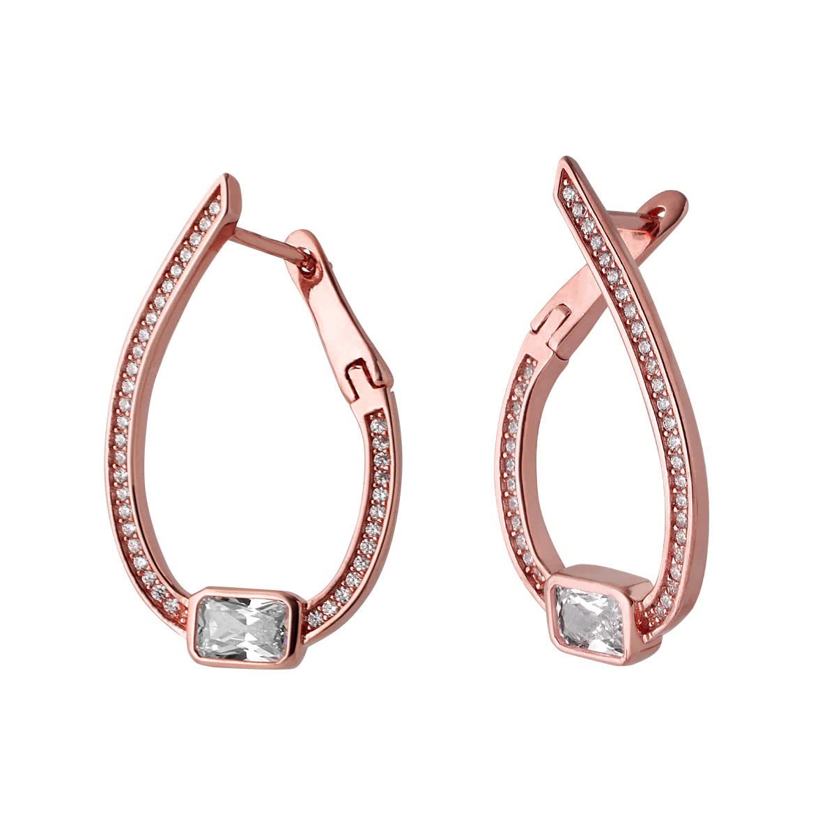 Rose Gold Flame Silver Stud Earrings with Baguette CZ for Women
