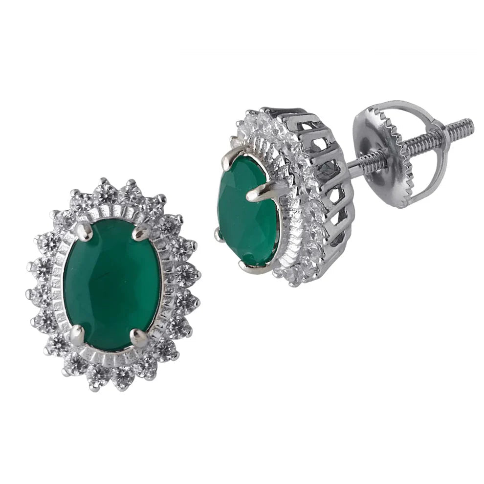 Dazzling Green Oval Halo Stud Earrings | 925 Sterling Silver for Her