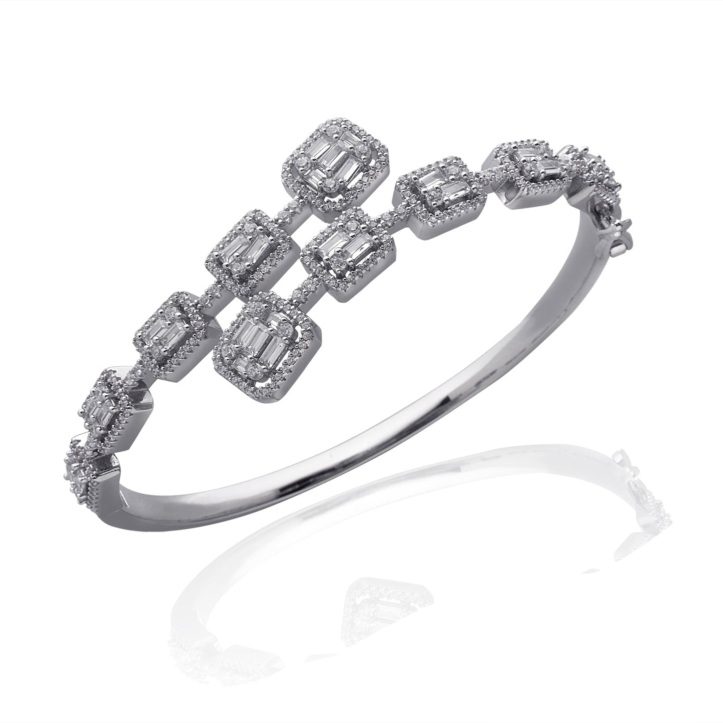 LustreCo 92.5 Silver Bracelet Over Lapping Choki with Halo and Small Baguetts and Round CZ In White Gold Color For Women, Girls