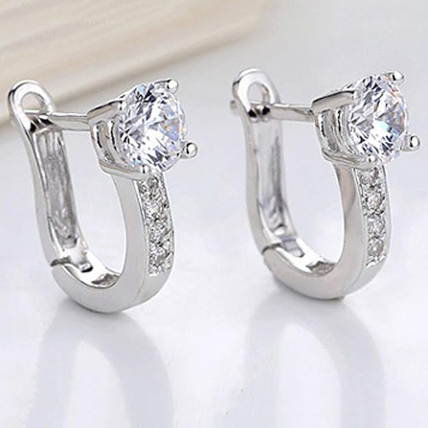 Peora 925 Sterling Silver Plated Crystal Solitaire Hoop Earrings for Women Girls Stylish