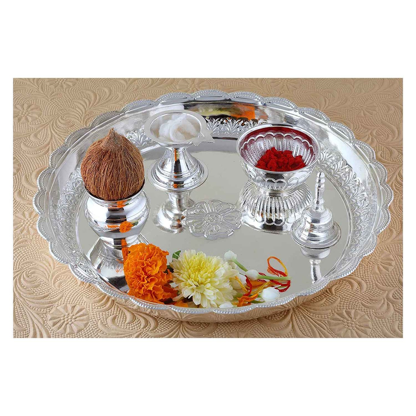 LustreCo Pure Silver Puja Thali Set { Plate + Katori +Diya +Loti + Bell }