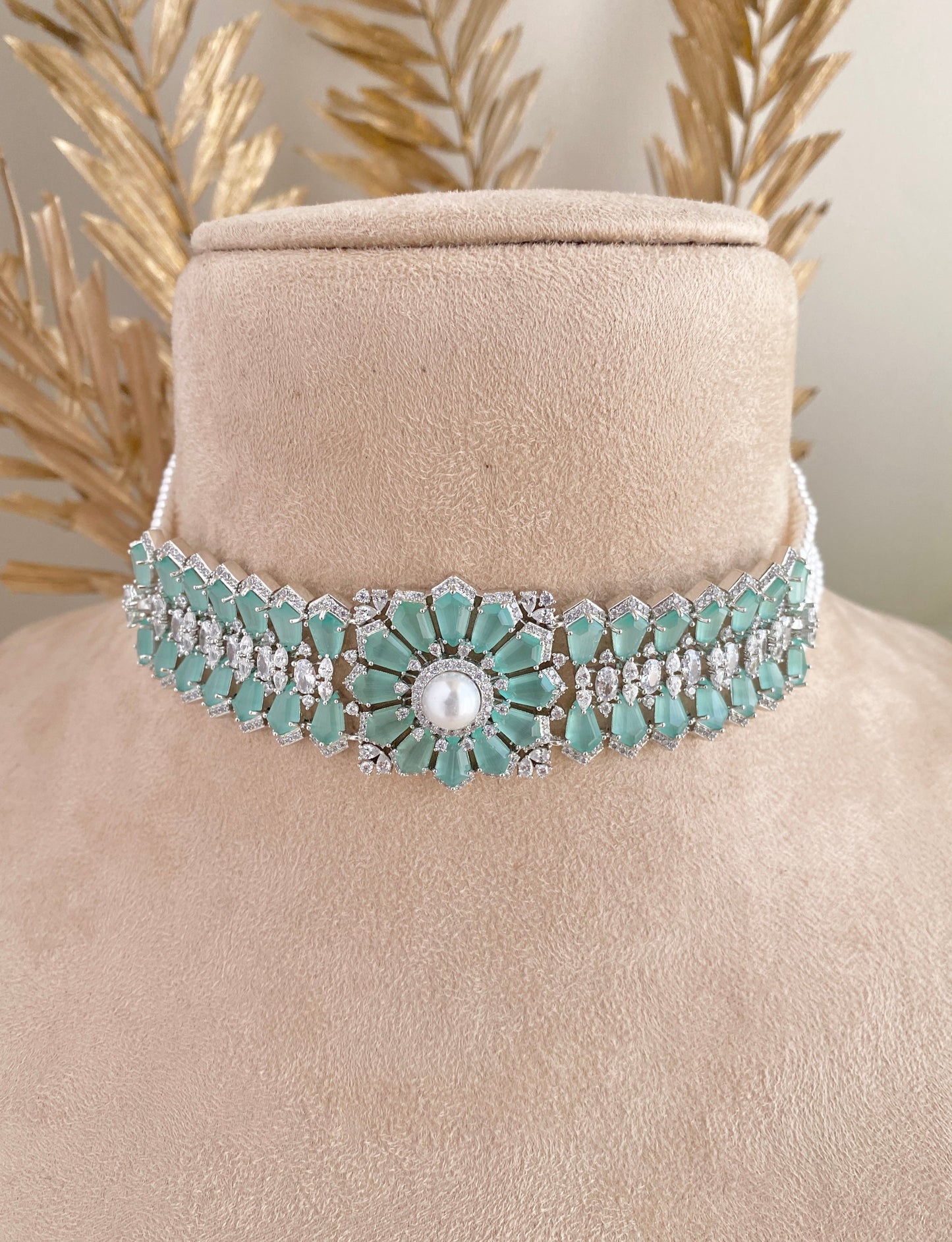 Aqua Bloom CZ & Semi-Precious Silver Alloy Choker Set