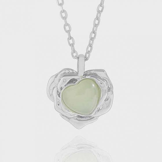 Sterling Silver Green Crystal Heart Floral Pendant with Chain