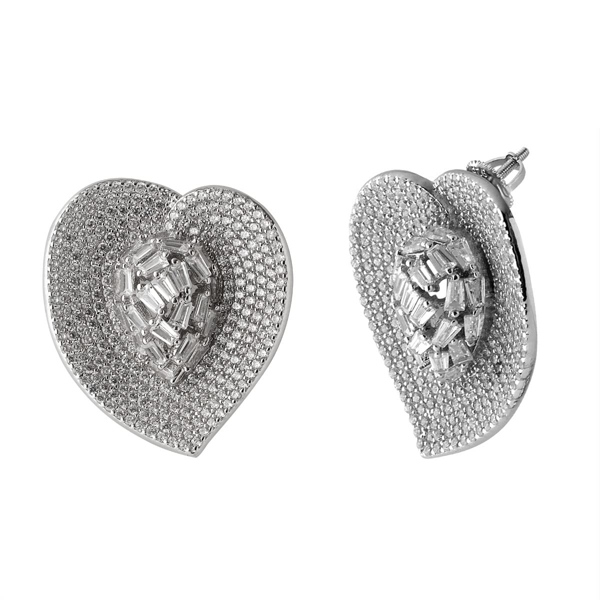 Heart Shaped 925 Silver Statement Earrings with Baguette CZ Stones