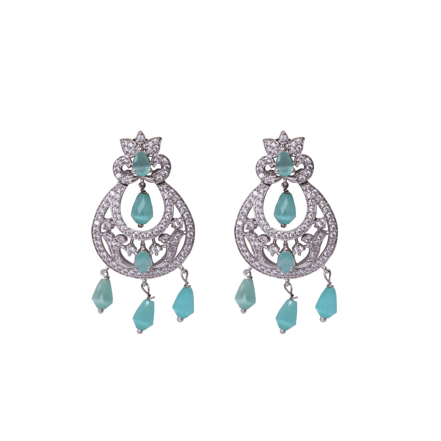 LustreCo 92.5 Pure Silver Earrings Green Stone Small Chand Bali CZ White Gold Earrings For Women & Girls