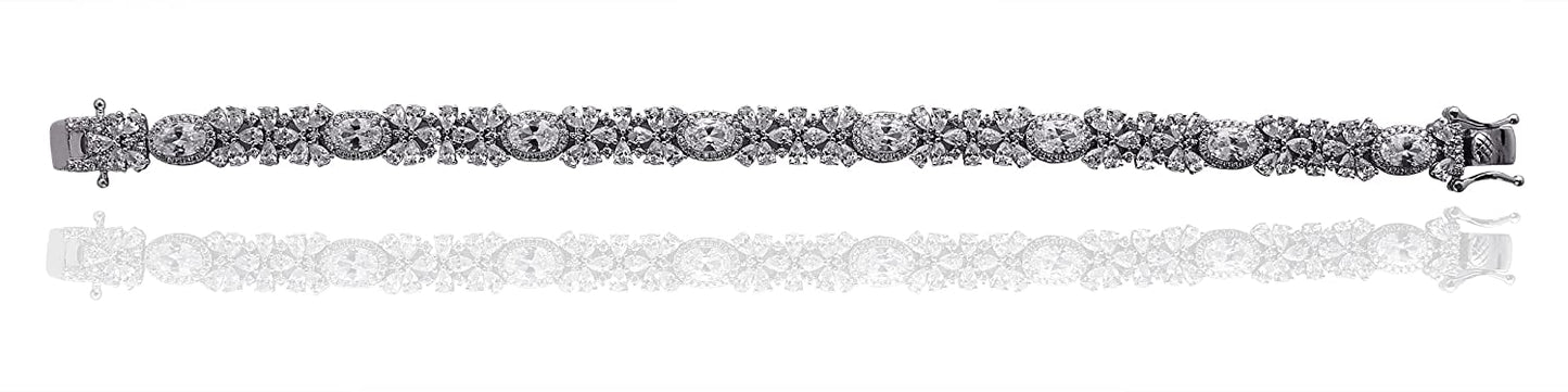 LustreCo 92.5 Silver Tennis Invisible Setting Oval Pear Round CZ In White Gold Color Plated For Women & Girls