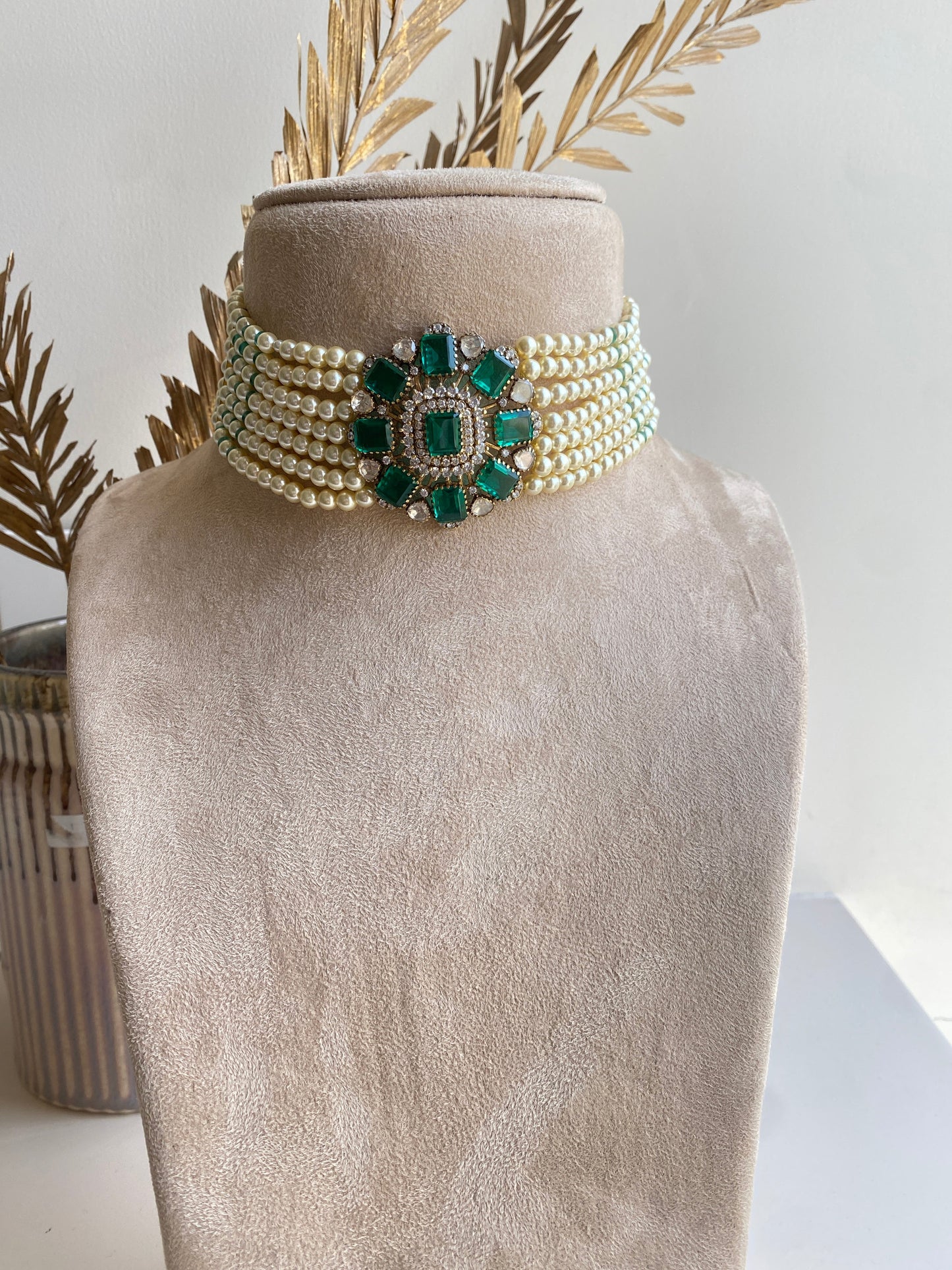 Handcrafted Emerald Moissanite Polki Choker - 925 Silver, Gold Plated