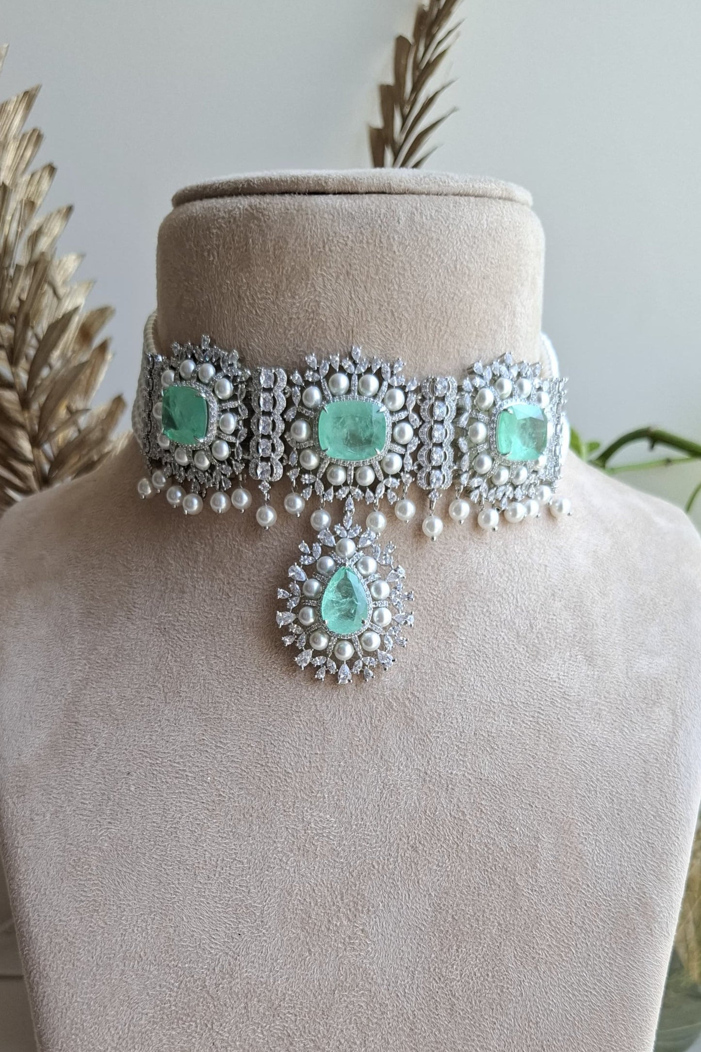 Emira Silver Alloy Choker Set with CZ & Semi-Precious Stones