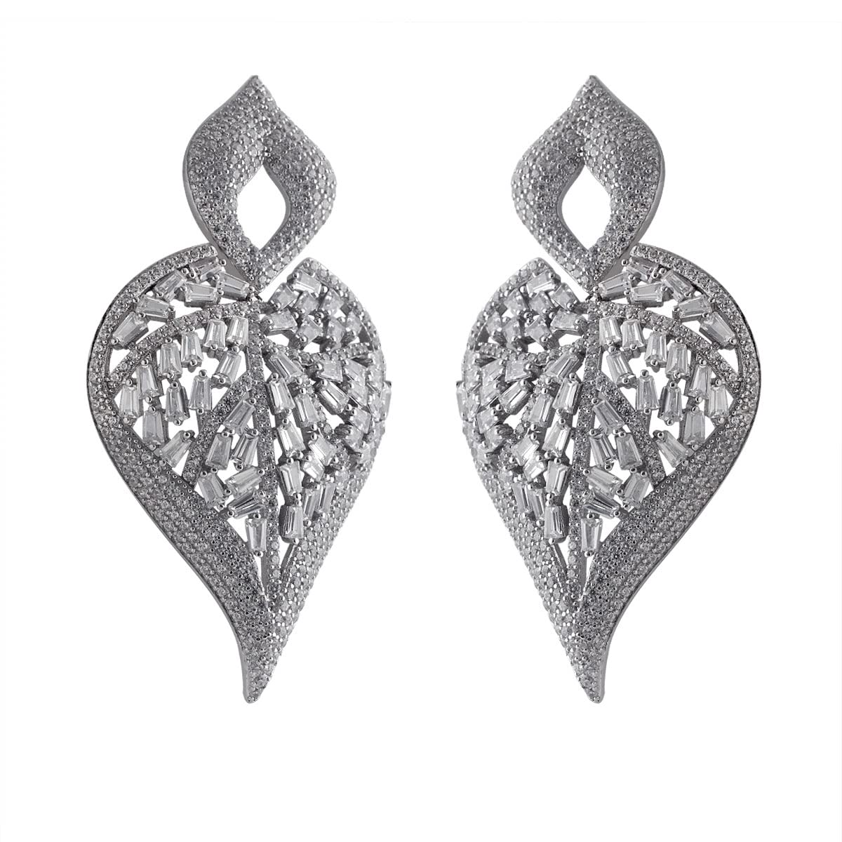 92.5 Silver Big Leaf Earrings with Baguette & Round CZ | Lustreco