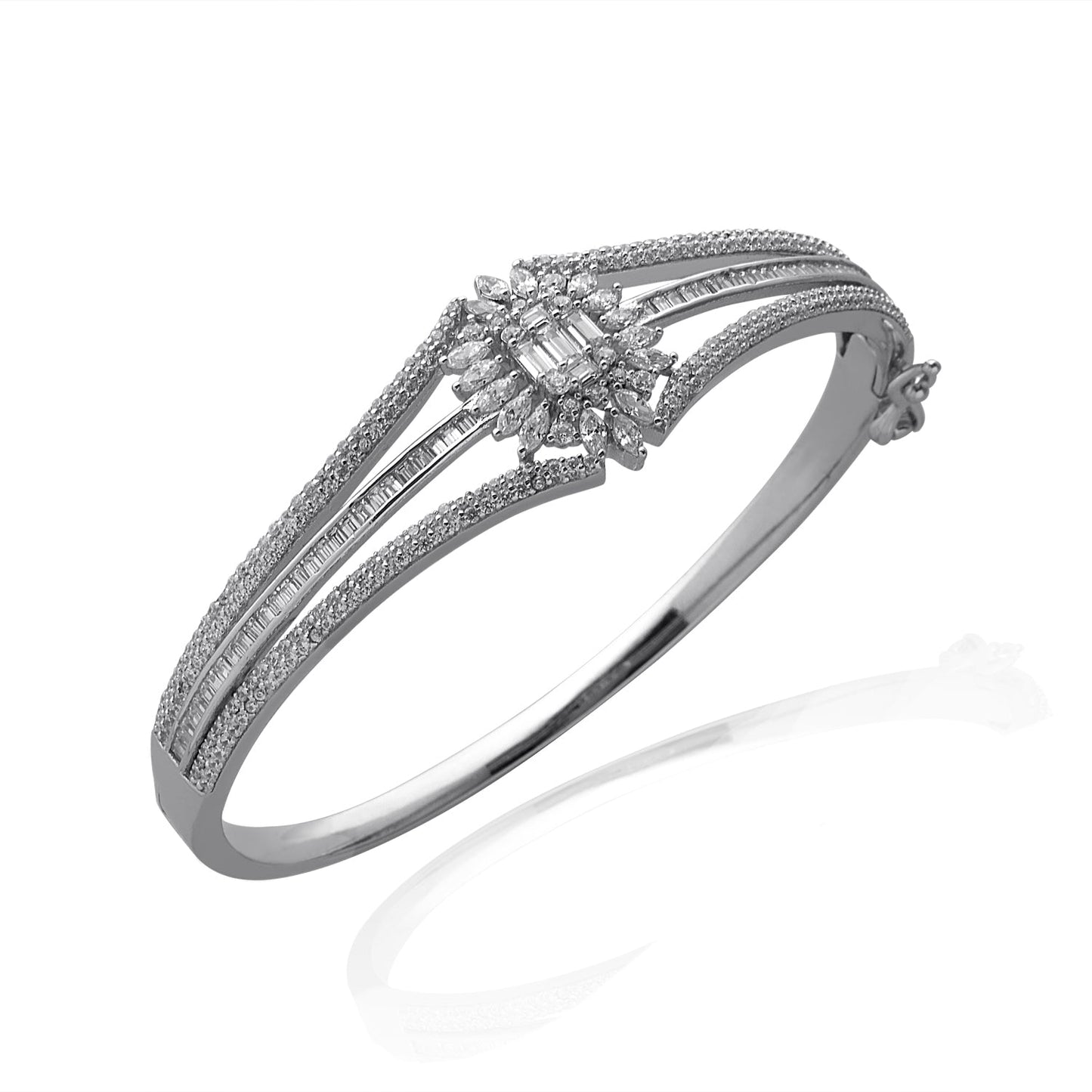 LustreCo 92.5 Silver Bracelet Center Flower with Three Lines Round CZ In White Gold Color For Women, Girls