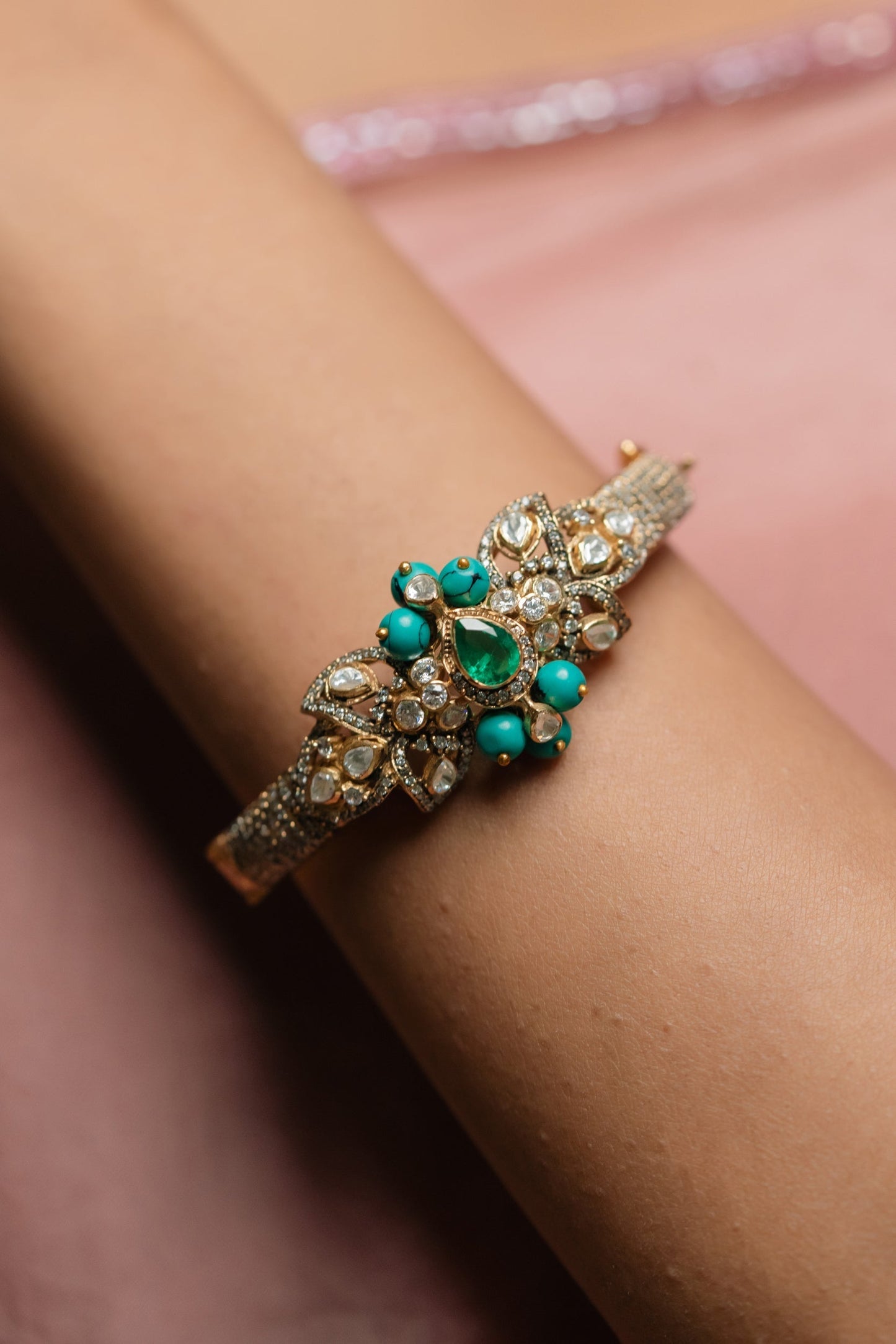 Firoza Polki Kada: Gold Plated 925 Silver Bracelet with Moissanite