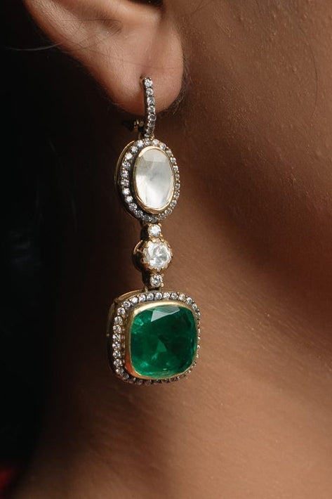 925 Silver Gold Plated Emerald & Moissanite Polki Dangle Earrings