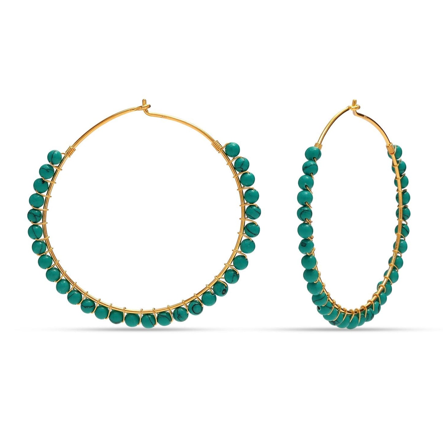 925 Sterling Silver 14K Gold Plated Large Beaded Round Western Turquoise Hoop Earrings for Women