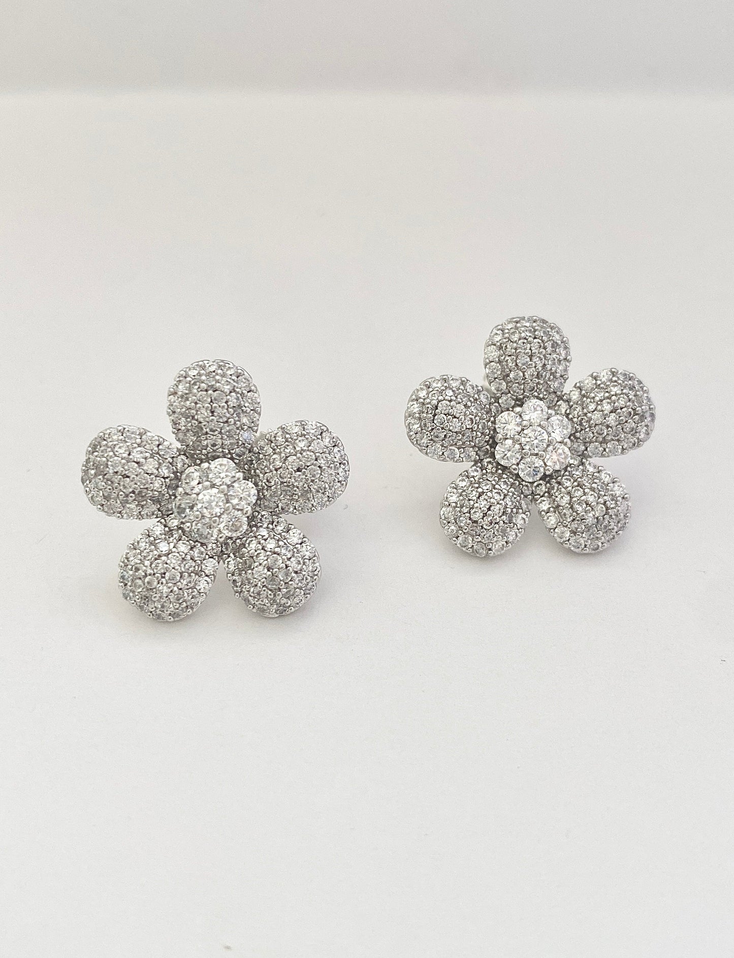 Elegant Lush Bloom Floral Stud Earrings – Silver Alloy & CZ