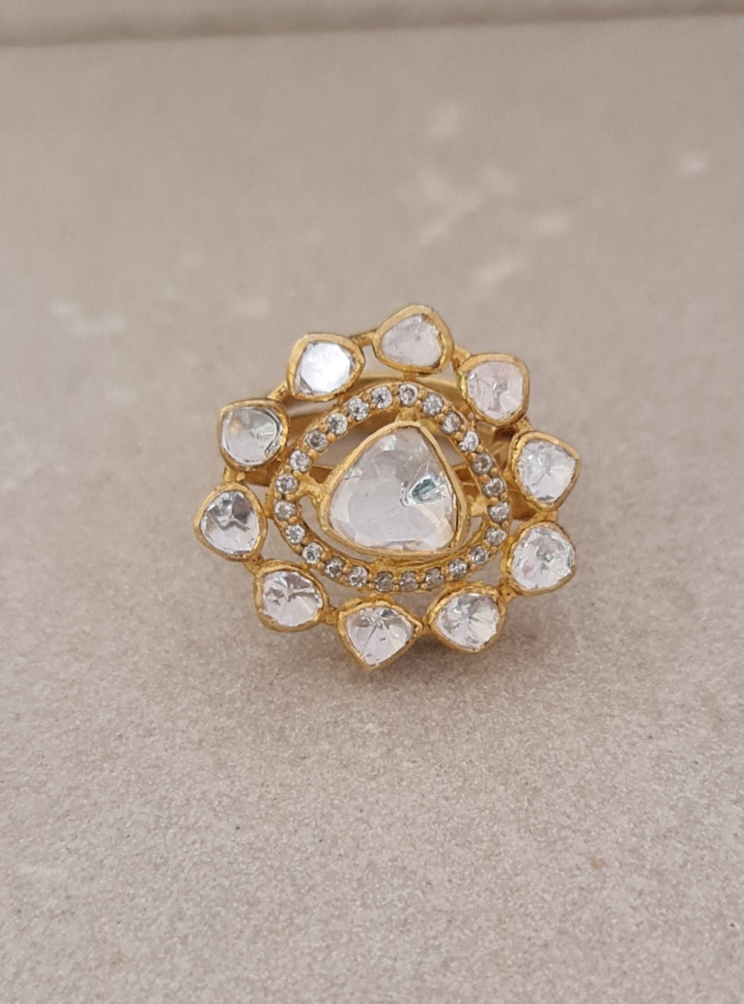 Gold Plated 925 Silver Halo Ring with Moissanite & Semiprecious Stones