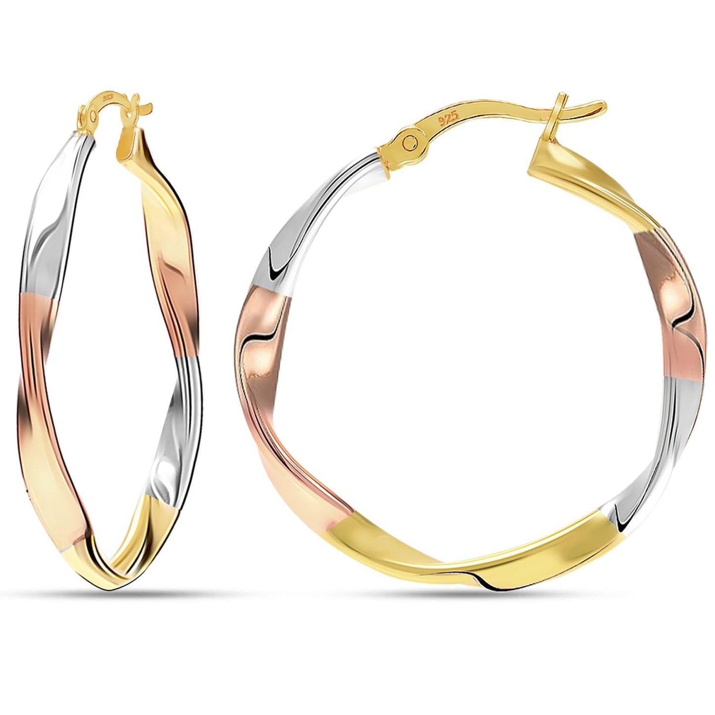 925 Sterling Silver 14K Gold-Plated Three-Tone Lightweight Twist Round Hoop Earrings for Women