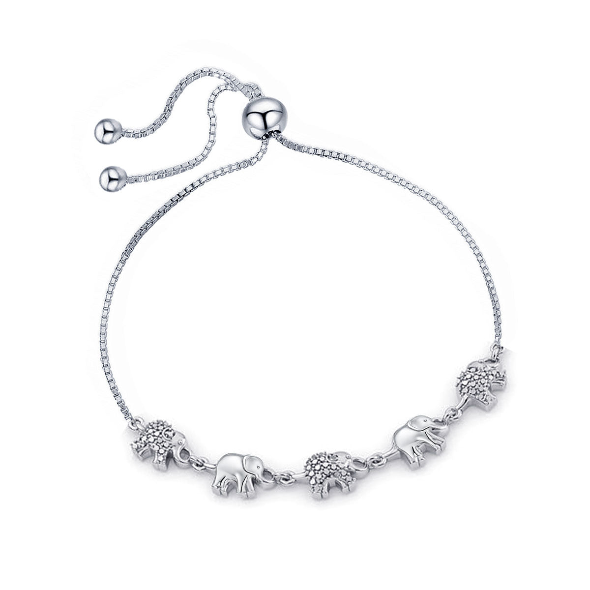 925 Sterling Silver CZ Adjustable Sliding Bolo Linked Elephant Bracelet for Women