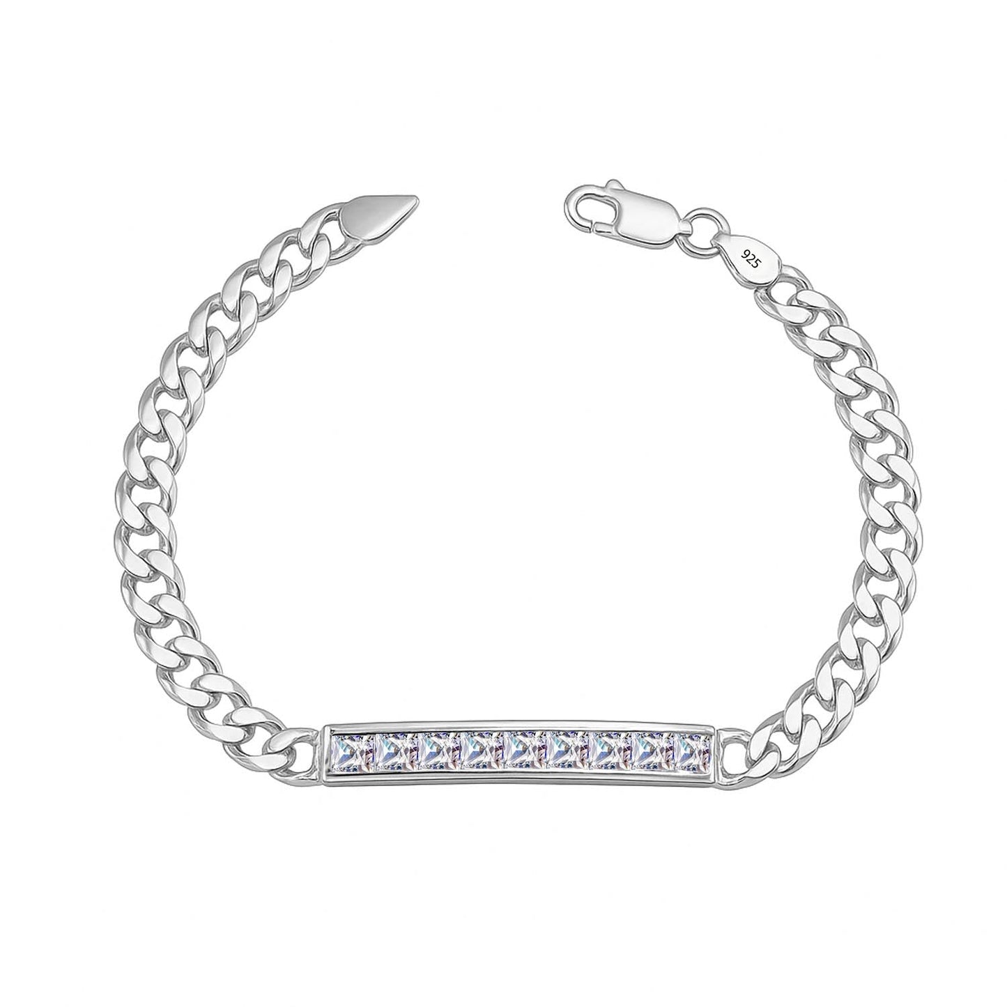 925 Sterling Silver Zirconia Stones Bar Cuban Link Chain ID Bracelet for Men