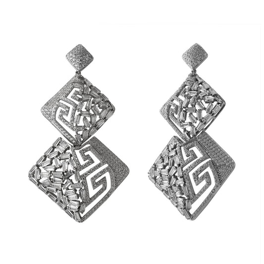 Double Rhombus CZ Dangler Earrings in 92.5 Silver | White Gold Finish