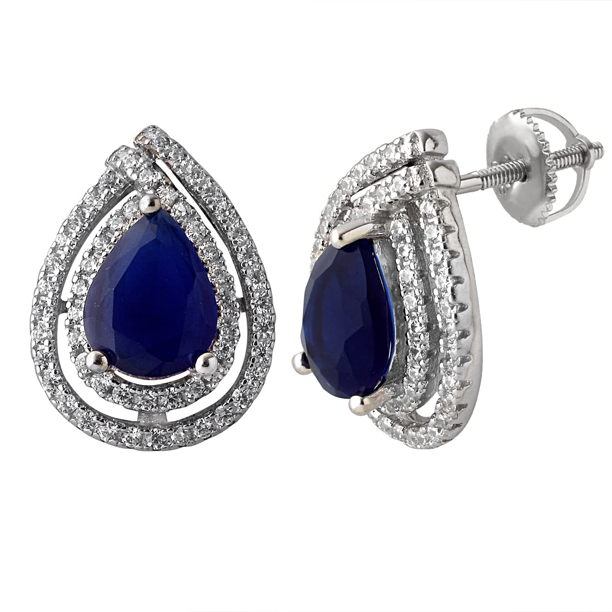 Blue Stone Pear-Shaped Silver Stud Earrings with CZ | 925 Silver