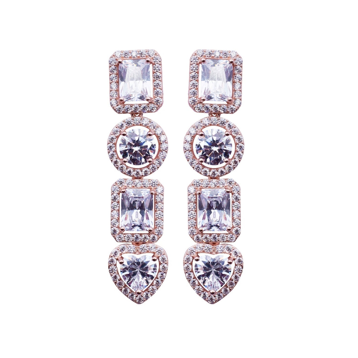Rose Gold Geometric CZ Long Dangler Earrings in 92.5 Silver