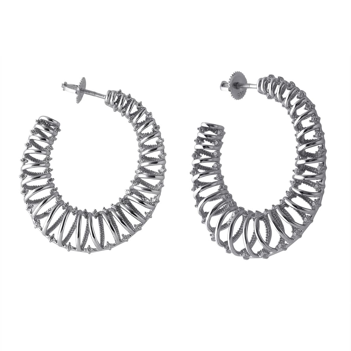 Big Spiral Bali Hoop Earrings with CZ in 925 Silver for Women