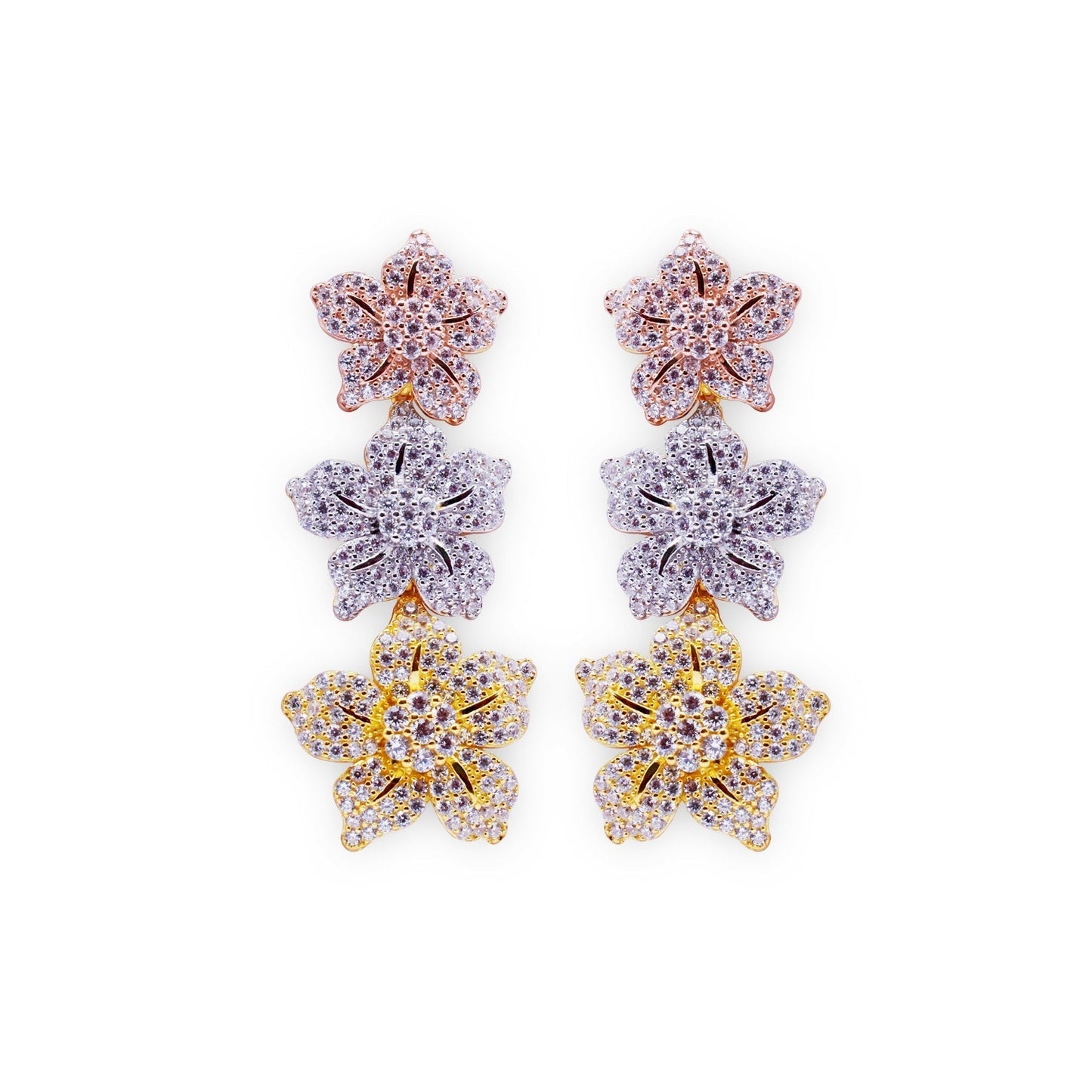 LustreCo 92.5 Pure Silver Earrings Tri Color Flower Pave Setting Long CZ White Gold Earrings For Women & Girls