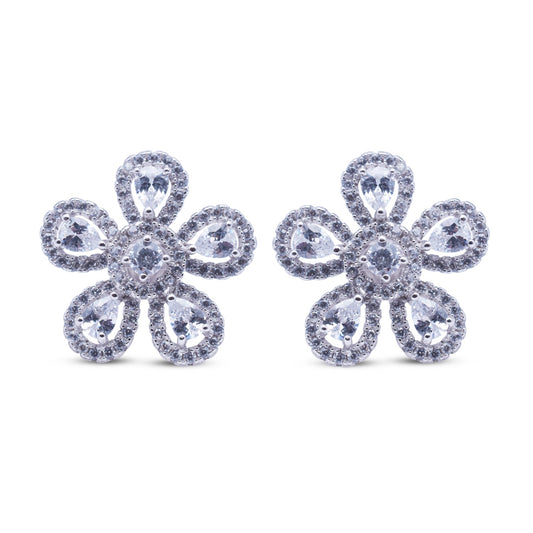 LustreCo 92.5 Pure Silver Earrings Flower Stud CZ White Gold Earrings For Women & Girls