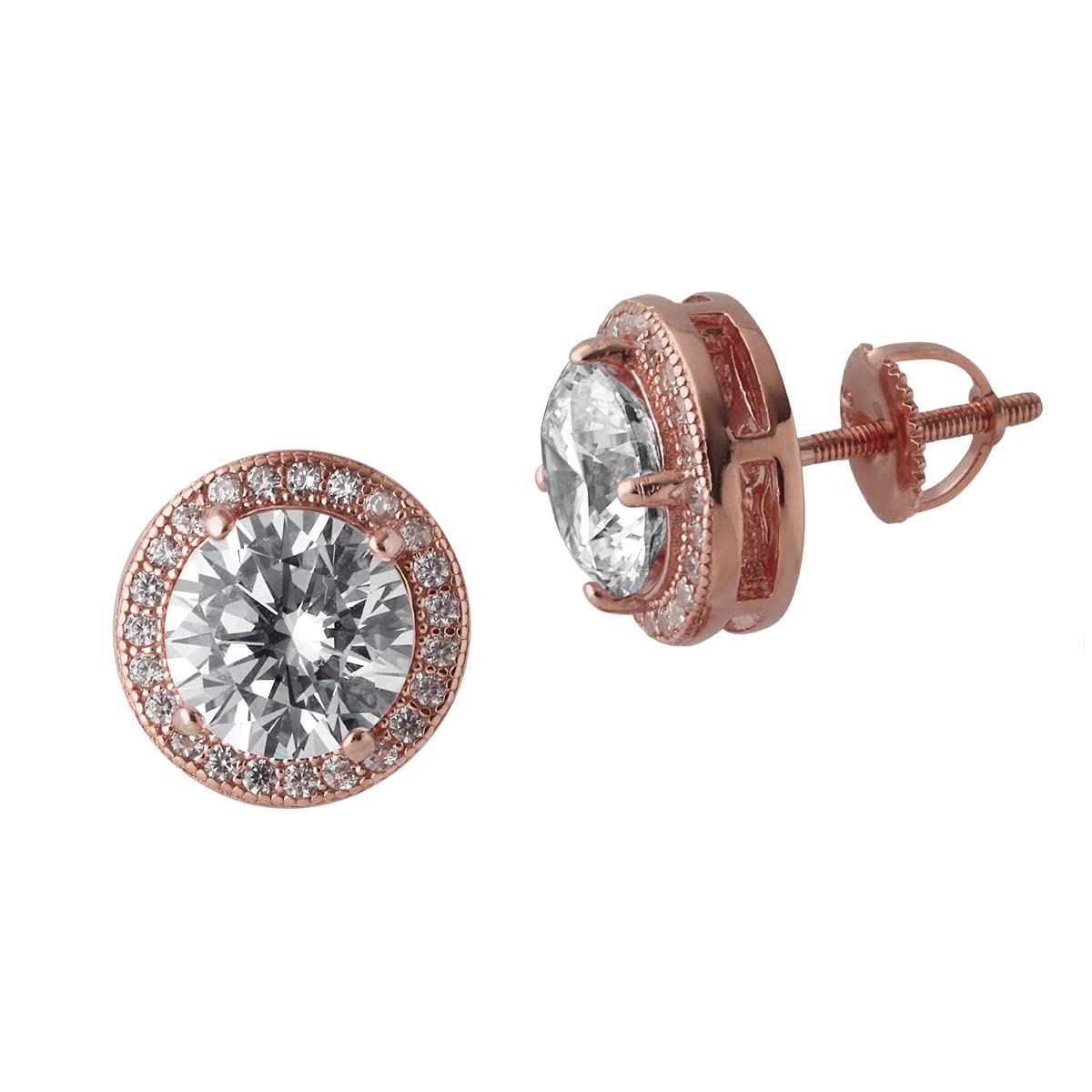 Rose Gold Big Solitaire CZ Stud Earrings in 925 Sterling Silver