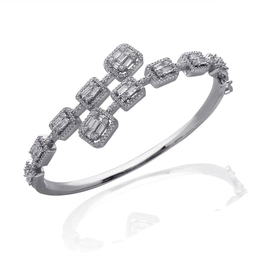 LustreCo 92.5 Silver Bracelet Over Lapping Choki with Halo and Small Baguetts and Round CZ In White Gold Color For Women, Girls