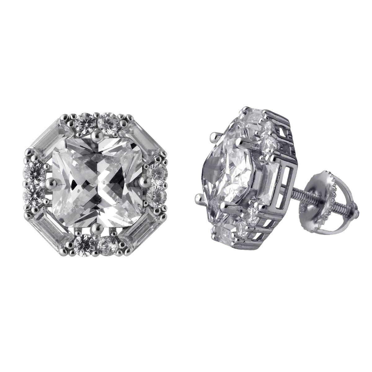 925 Silver Princess Cut & Baguette CZ Stud Earrings for Women