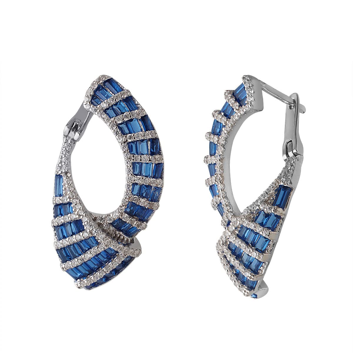 Blue Sapphire & CZ Baguette Stud Earrings in 925 Sterling Silver