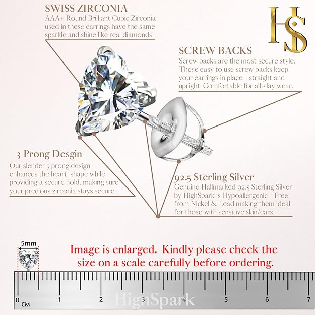 925 Silver Heart Solitaire Stud Earrings with Secure Screwback