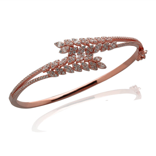 LustreCo 92.5 Silver Over Lapping Bracelet Leaf Round Baguetts CZ In Rose Gold For Women