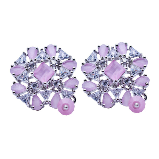 LustreCo 92.5 Pure Silver Earrings Pink Stone Flower CZ White Gold Earrings For Women & Girls