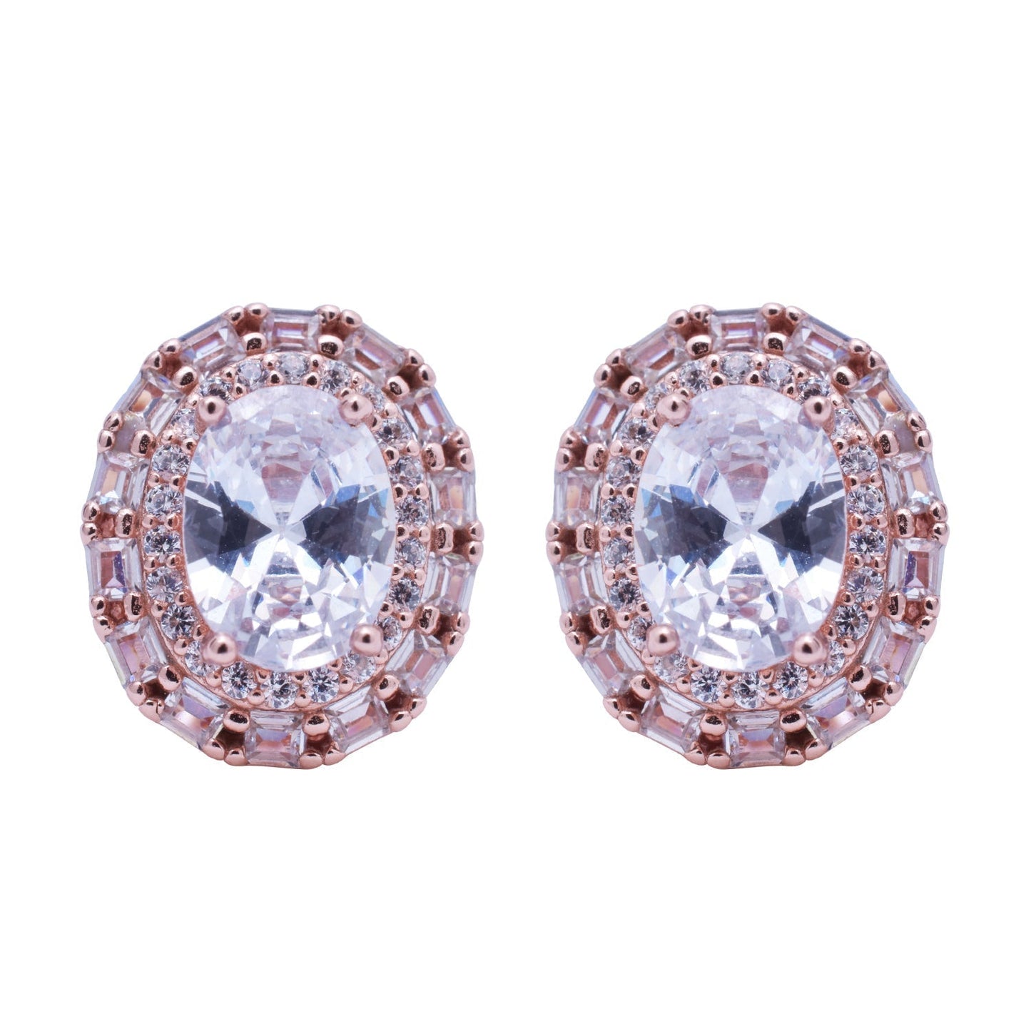 LustreCo 92.5 Pure Silver Earrings Oval Double Layer Stud CZ Rose Gold Earrings For Women & Girls