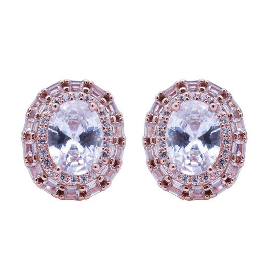 LustreCo 92.5 Pure Silver Earrings Oval Double Layer Stud CZ Rose Gold Earrings For Women & Girls