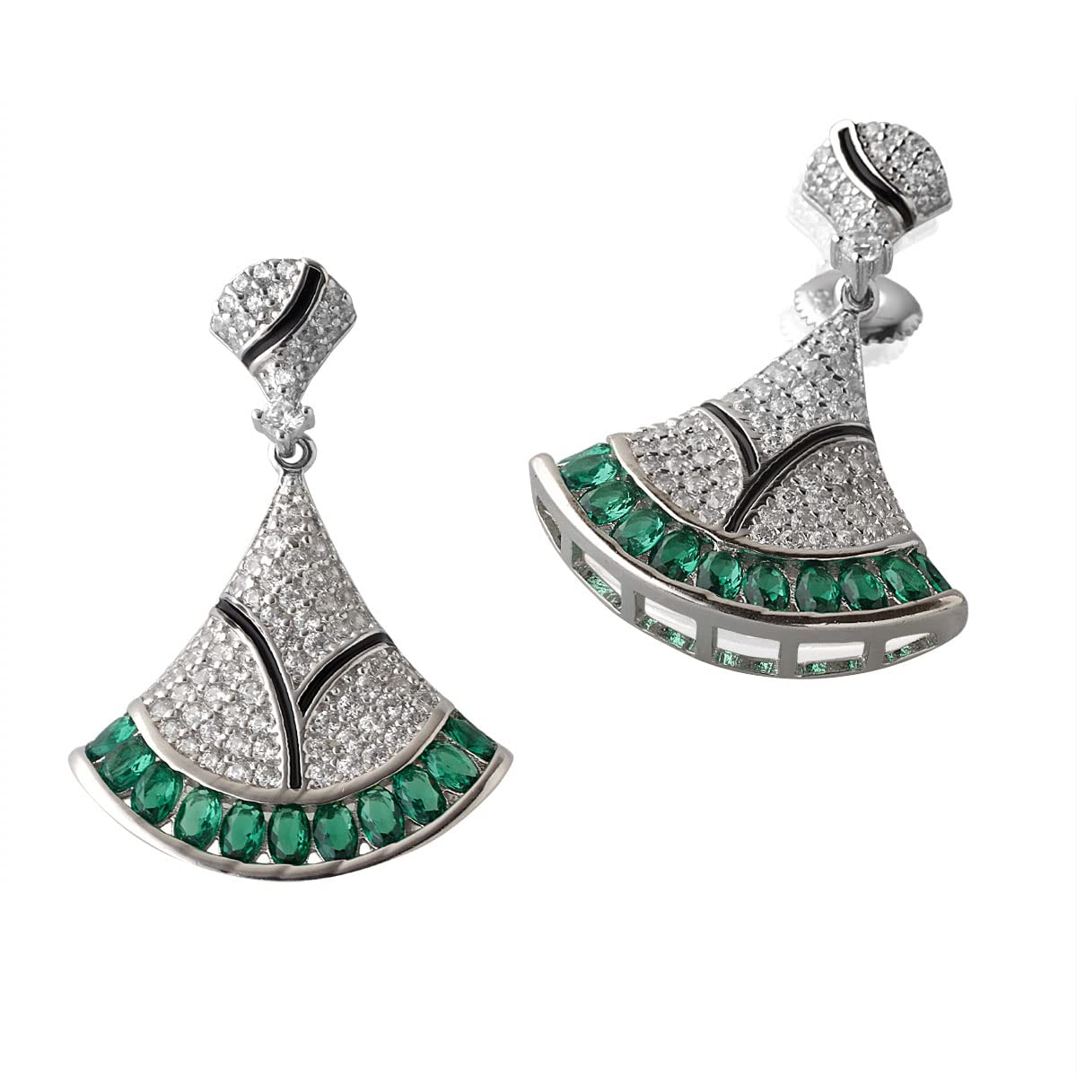 LustreCo 92.5 Pure Silver Earrings Green Stone Bell Shape Dangling CZ White Gold Color Earrings For Women, Girls