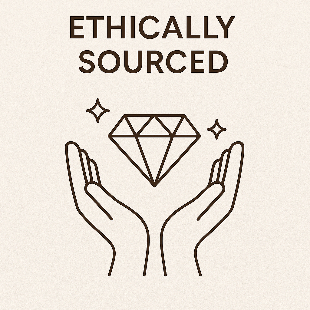 Illustration of hands holding a diamond with 'ETHICALLY SOURCED' text on a beige background