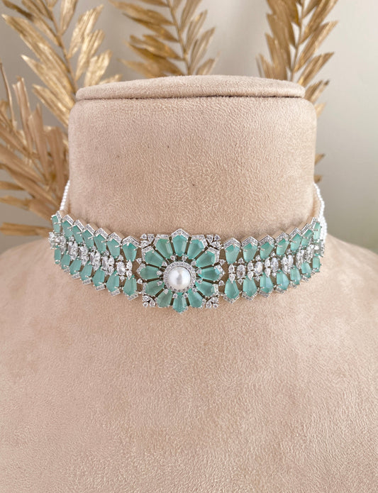 Aqua Bloom CZ & Semi-Precious Silver Alloy Choker Set