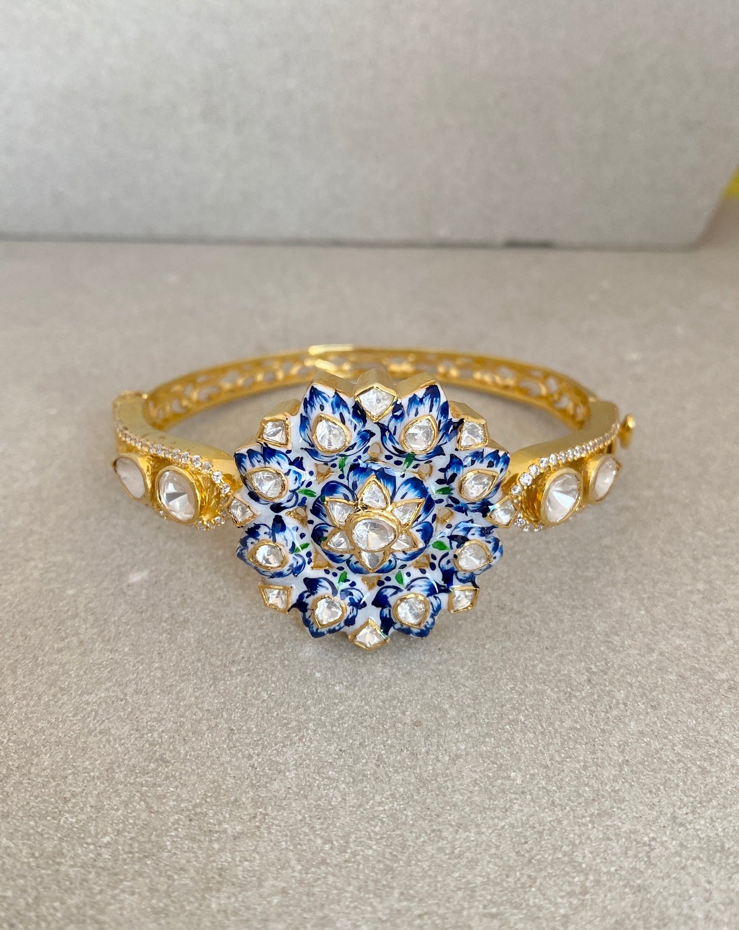 Blue Fern Kada Bracelet: 925 Silver, Gold Plated, Moissanite Polki