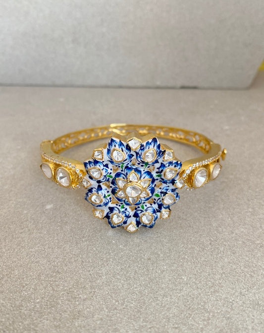 Blue Fern Kada Bracelet: 925 Silver, Gold Plated, Moissanite Polki