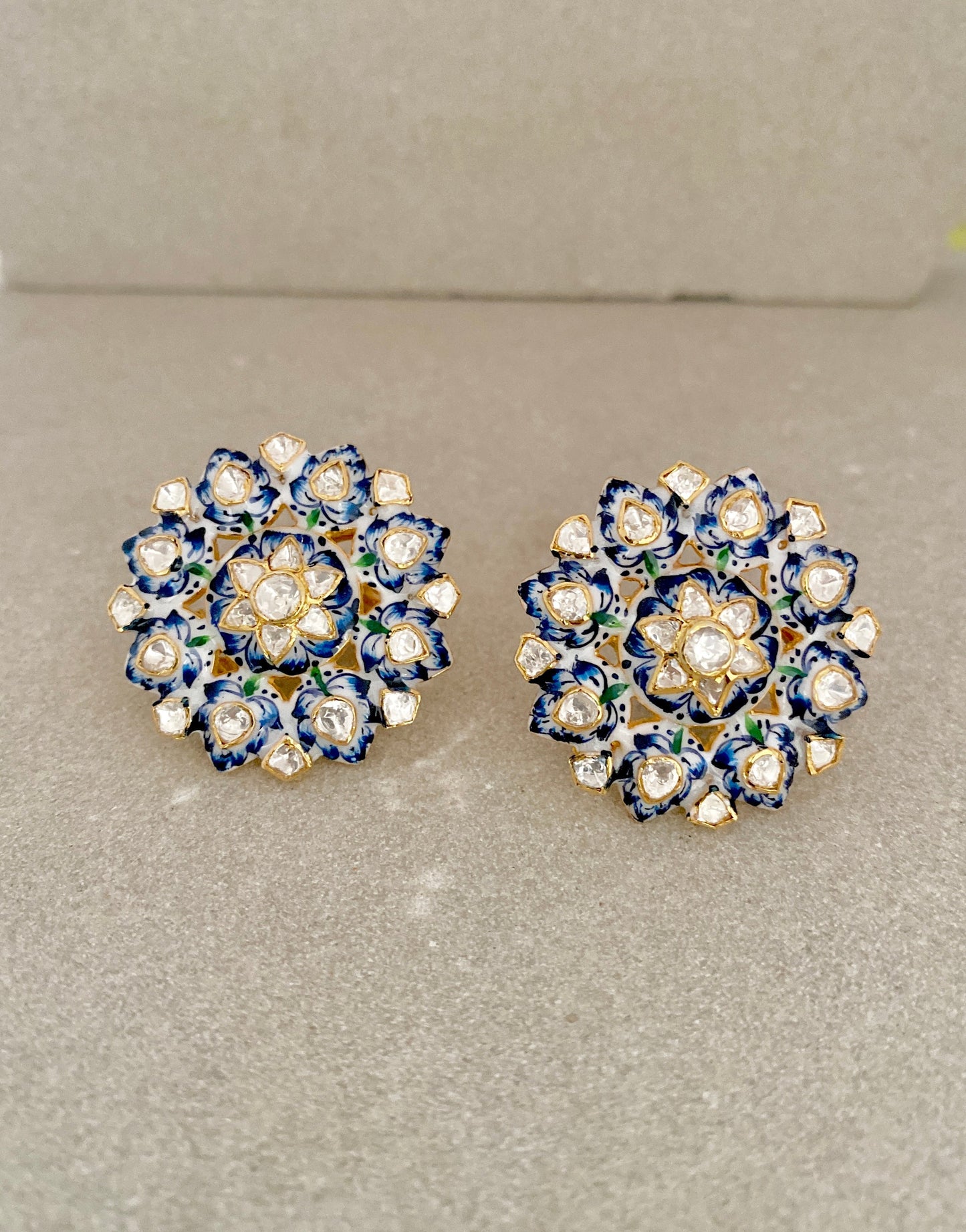 Handcrafted Blue Fern Polki Stud Earrings - 925 Silver Gold Plated