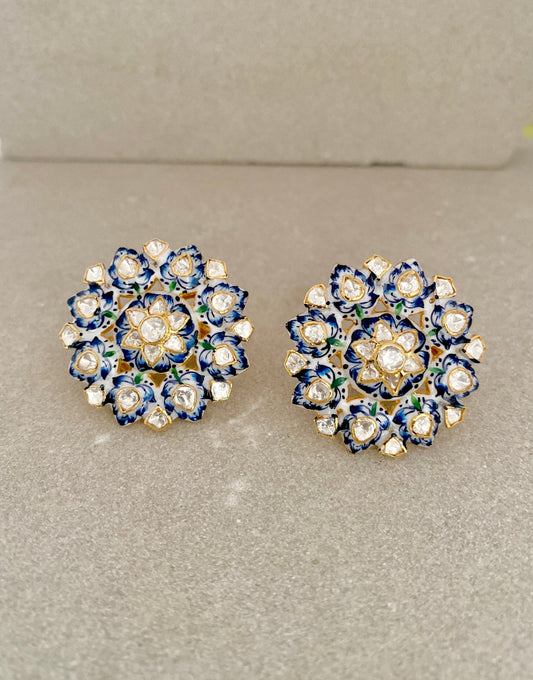 Handcrafted Blue Fern Polki Stud Earrings - 925 Silver Gold Plated