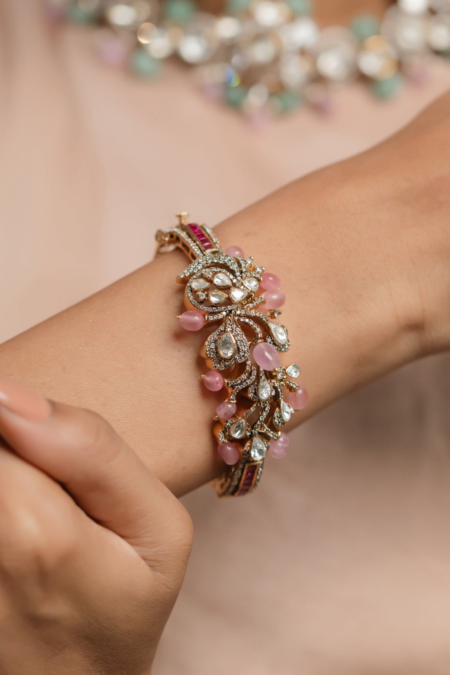 Blushing Bloom Gold Plated Silver Kada | Moissanite & Gemstone