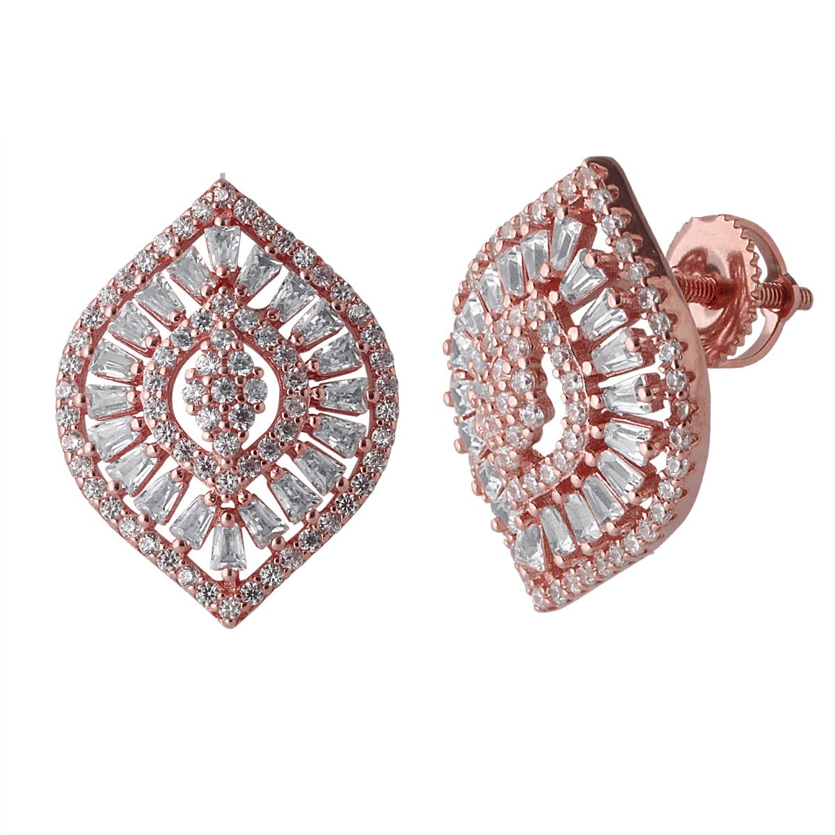 LustreCo 92.5 Pure Silver Earrings Pan Stud Buggette Round CZ Rose Gold Color Earrings For Women & Girls