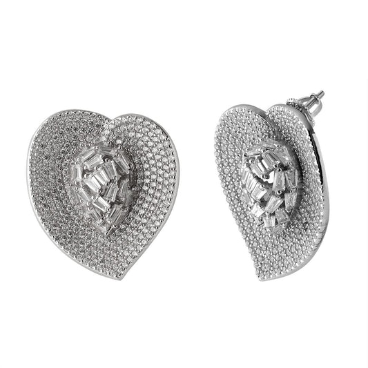 Heart Shaped 925 Silver Statement Earrings with Baguette CZ Stones