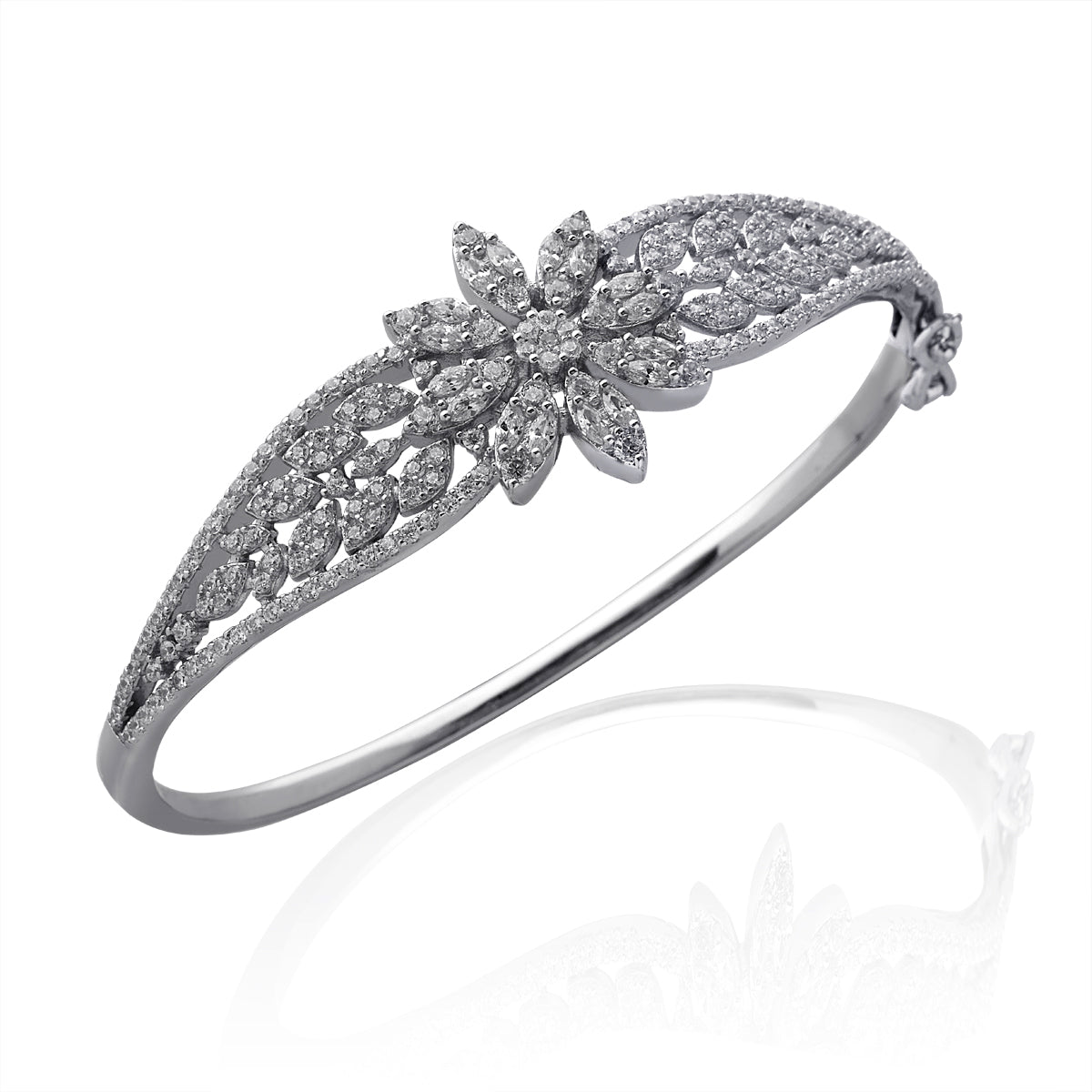 LustreCo 92.5 Silver Bracelet Center Flower and Leaf Round CZ In Silver Color For Women, Girls
