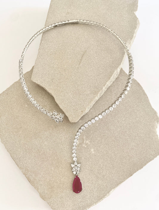 Crimson Collar Necklace & Earring Set - Silver Alloy & CZ
