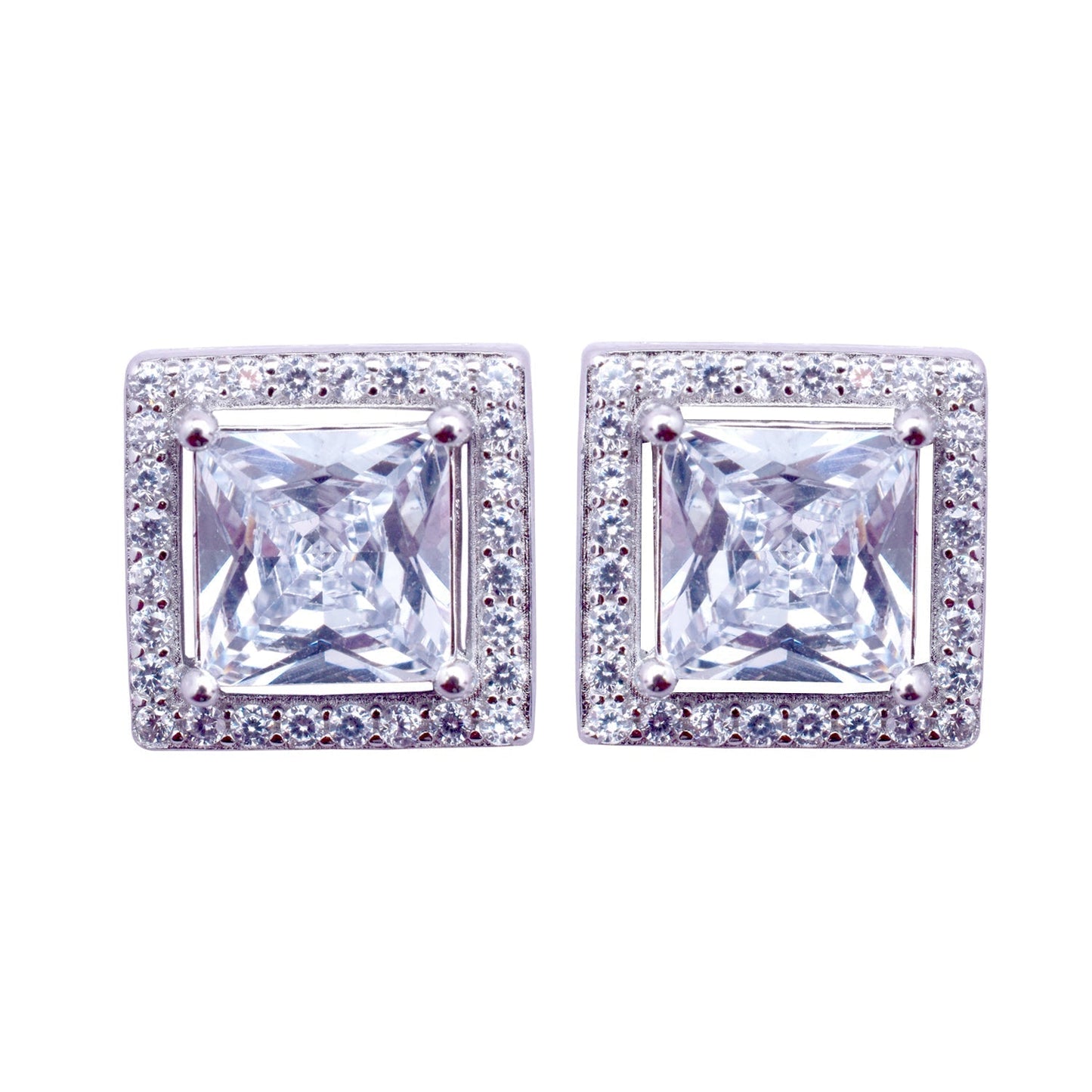 LustreCo 92.5 Pure Silver Earrings Princess Cut Solitaire Stud CZ White Gold Earrings For Women & Girls